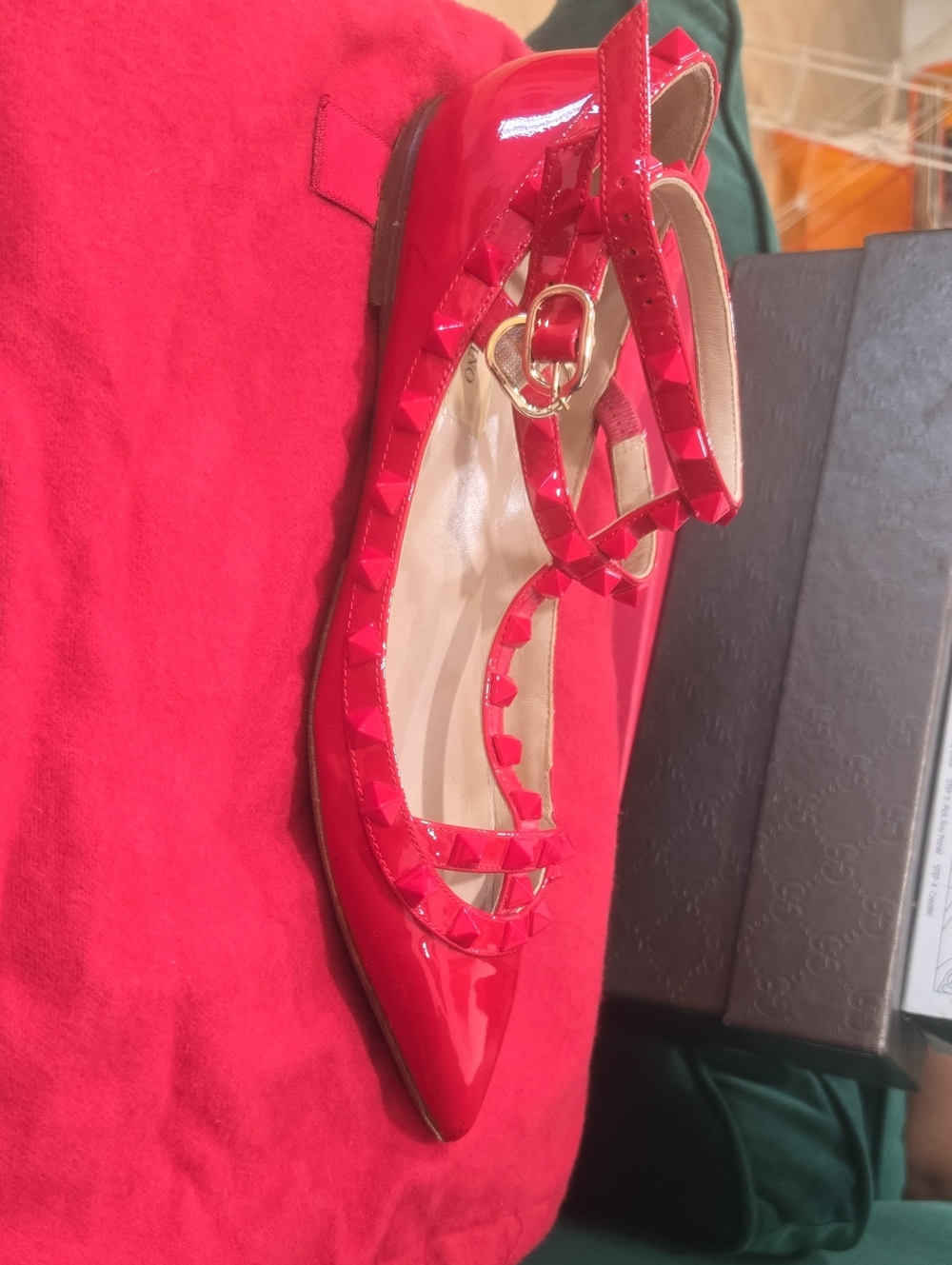 Valentino Red Patent Rockstud Pointed-Toe Mary Jane Flats
